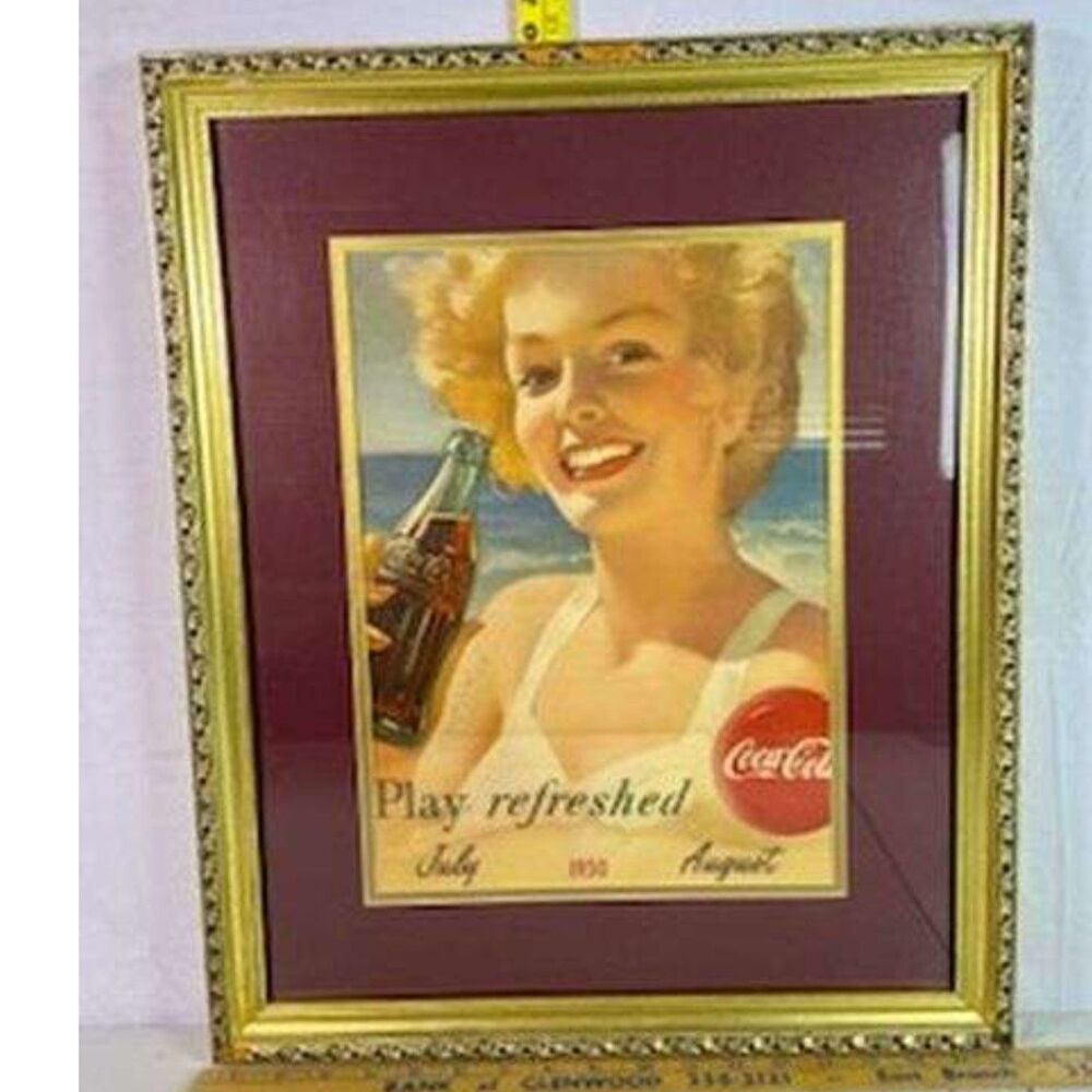 Framed and Matted vtg. 1950 coca- cola Play Refreshed Advertising Print